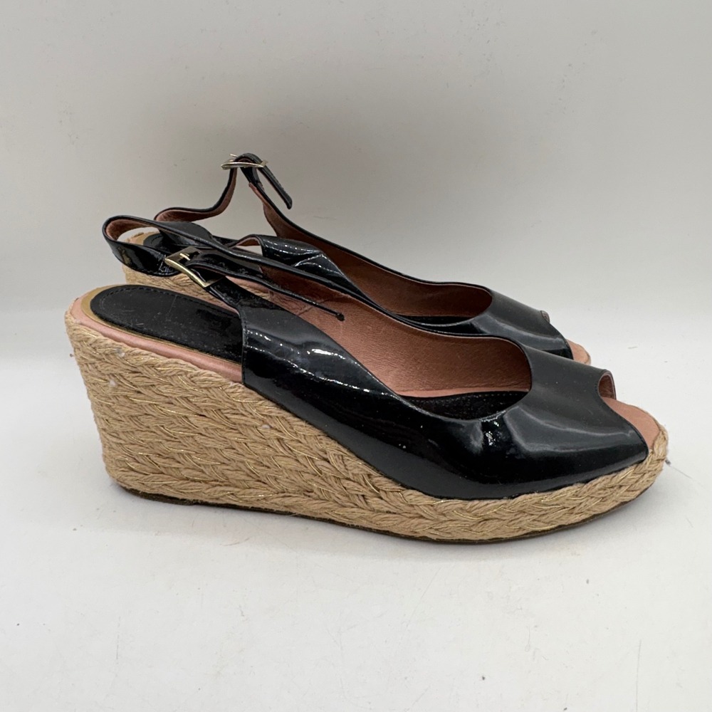 Palomitas by Paloma Barcelo Black Patent Leather Wedge Espadrilles Spain Size 39